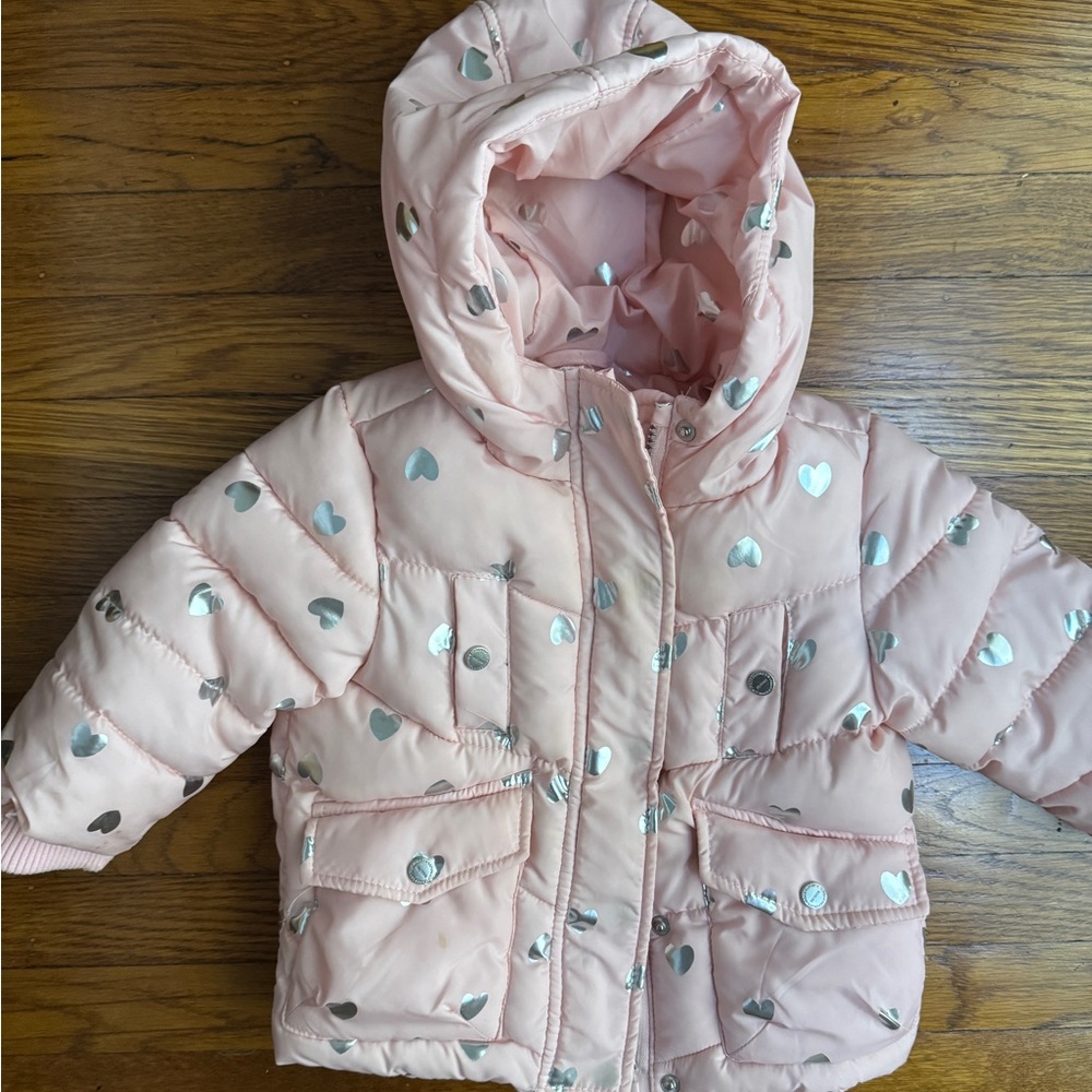 Urban Republic Pink Puffer Jacket with Silver Heart Accents Size 12M